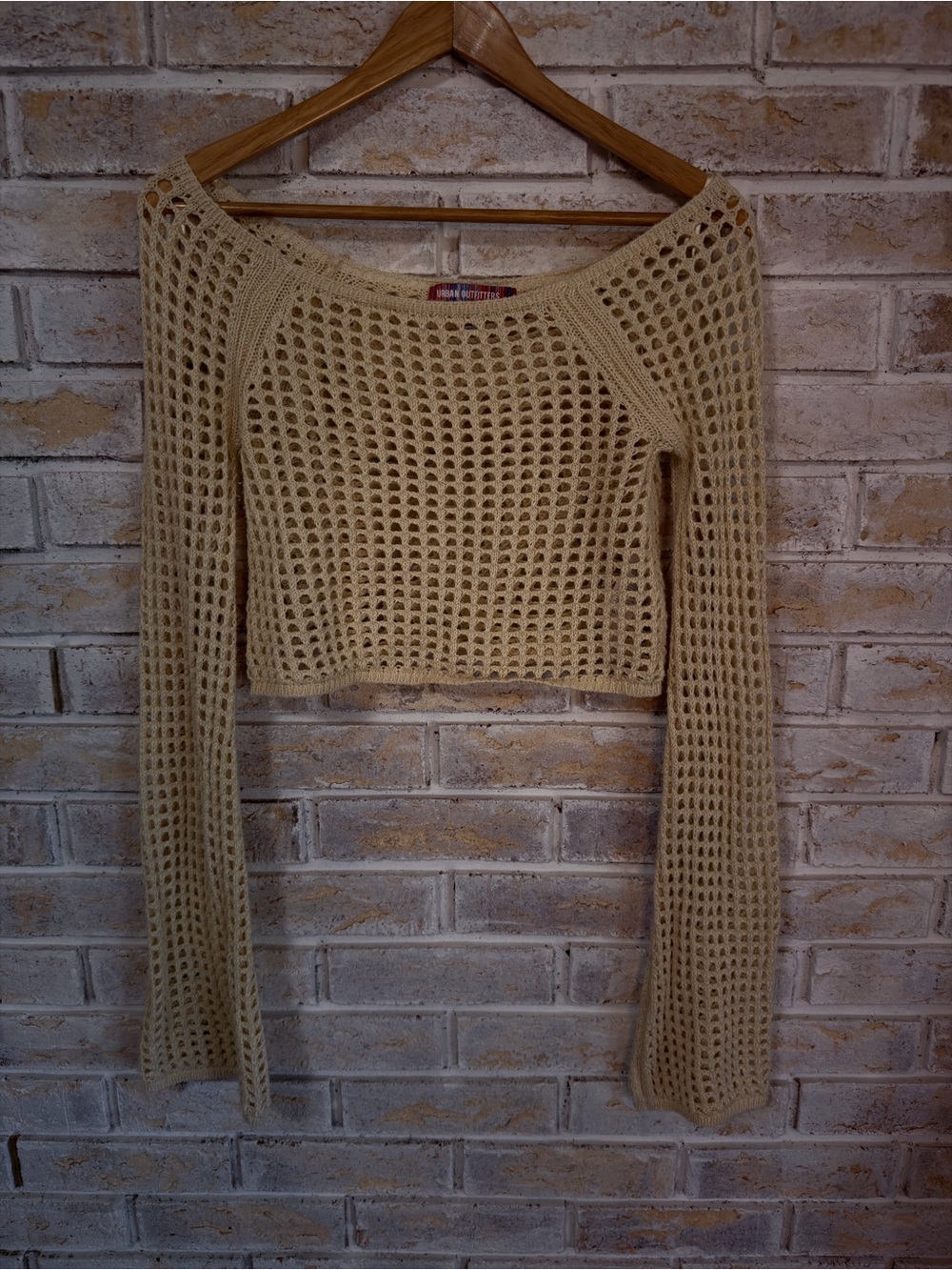 Urban Outfitters Beige Open-Weave Off-Shoulder Cropped Sweater